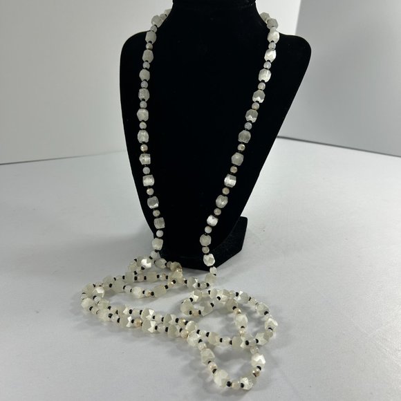 Long 56" Beaded Necklace White Faceted Beads Black Spacers Tunic Length - Picture 3 of 12